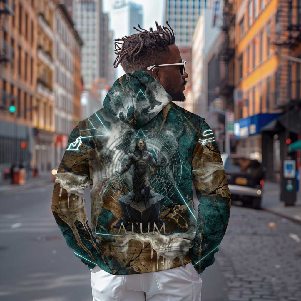 Atum Zip Hoodie Ancient Egyptian Teal Marble Smoke, Solar Barque Crown, Creator Deity Statue - African Pride