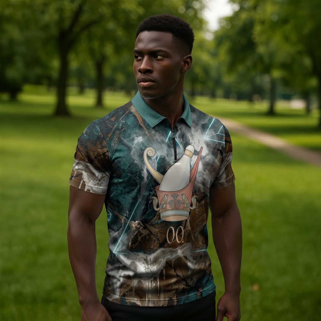 Atum Zipper Polo Shirt Ancient Egyptian Teal Marble Smoke, Solar Barque Crown, Creator Deity Statue - African Pride