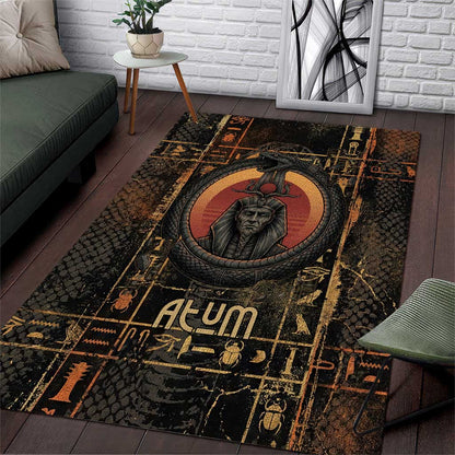 Atum Ancient Egyptian Area Rug with Dark Hieroglyph Grid, Ouroboros Serpent Ring and The Final Serpent - African Pride