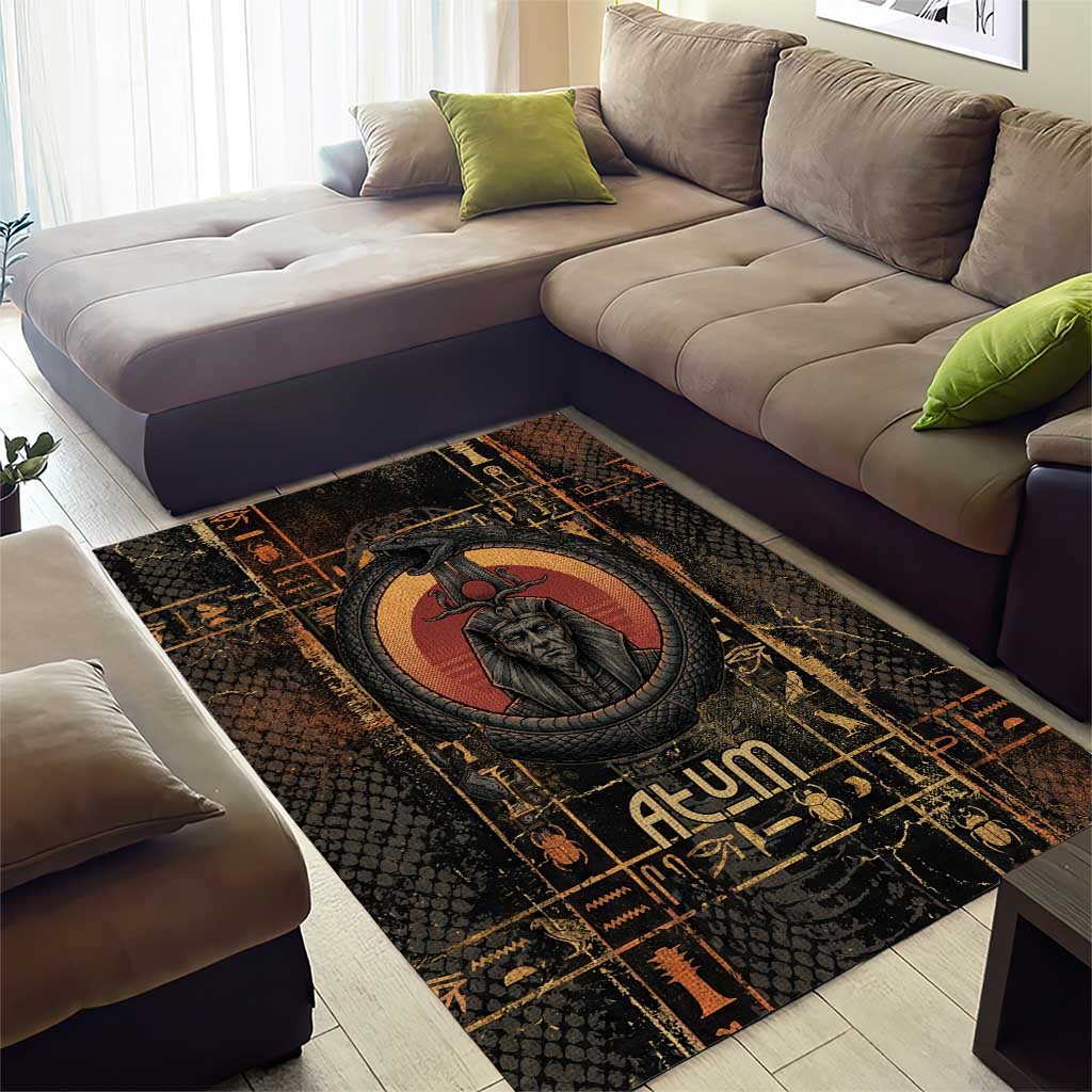 Atum Ancient Egyptian Area Rug with Dark Hieroglyph Grid, Ouroboros Serpent Ring and The Final Serpent - African Pride