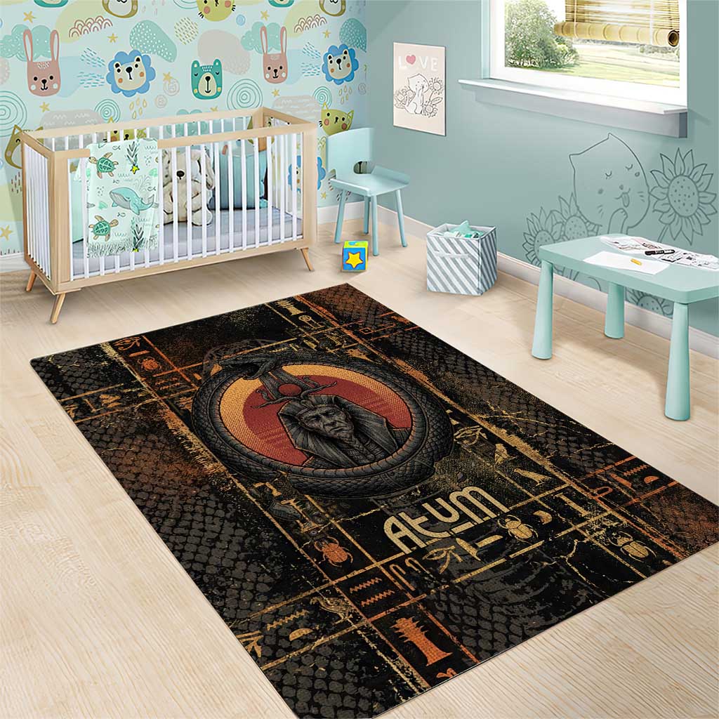 Atum Ancient Egyptian Area Rug with Dark Hieroglyph Grid, Ouroboros Serpent Ring and The Final Serpent - African Pride