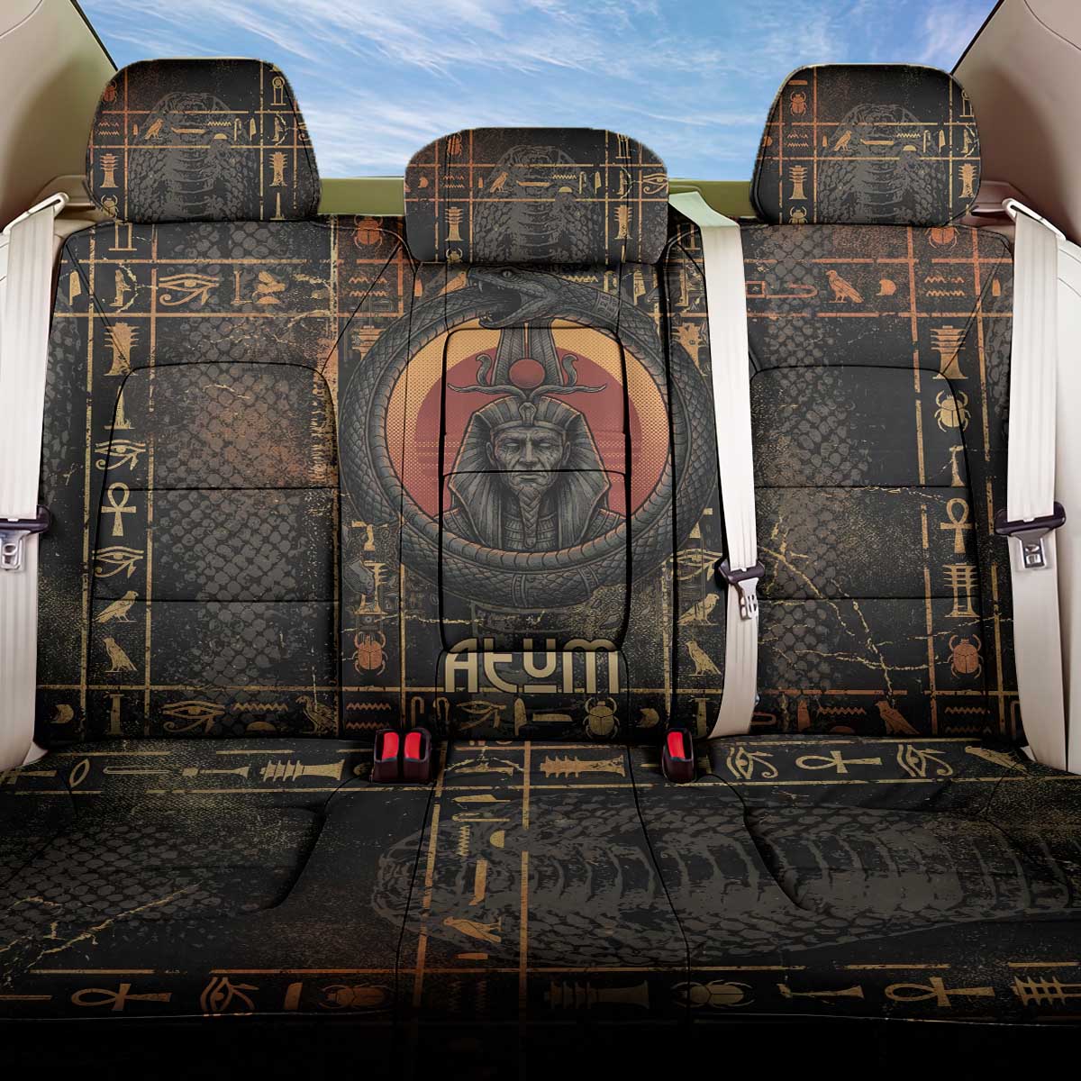 Atum Ancient Egyptian Back Car Seat Cover with Dark Hieroglyph Grid, Ouroboros Serpent Ring and The Final Serpent - African Pride