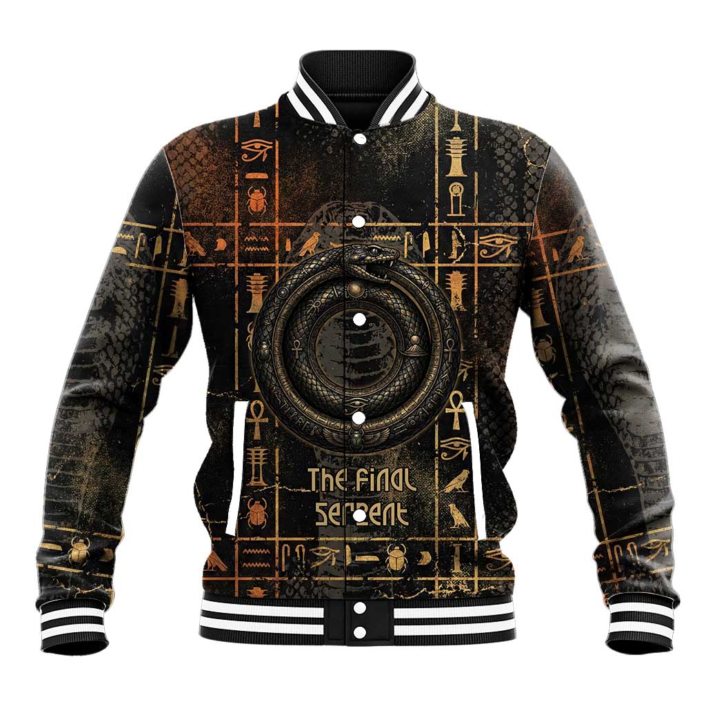 Atum Ancient Egyptian Baseball Jacket with Dark Hieroglyph Grid, Ouroboros Serpent Ring and The Final Serpent - African Pride