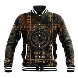 Atum Ancient Egyptian Baseball Jacket with Dark Hieroglyph Grid, Ouroboros Serpent Ring and The Final Serpent - African Pride