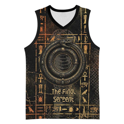 Atum Ancient Egyptian Basketball Jersey with Dark Hieroglyph Grid, Ouroboros Serpent Ring and The Final Serpent - African Pride