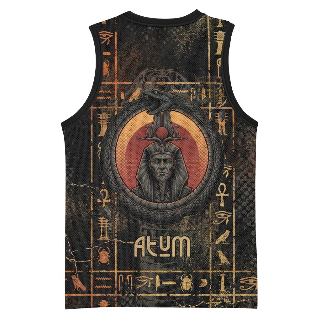 Atum Ancient Egyptian Basketball Jersey with Dark Hieroglyph Grid, Ouroboros Serpent Ring and The Final Serpent - African Pride