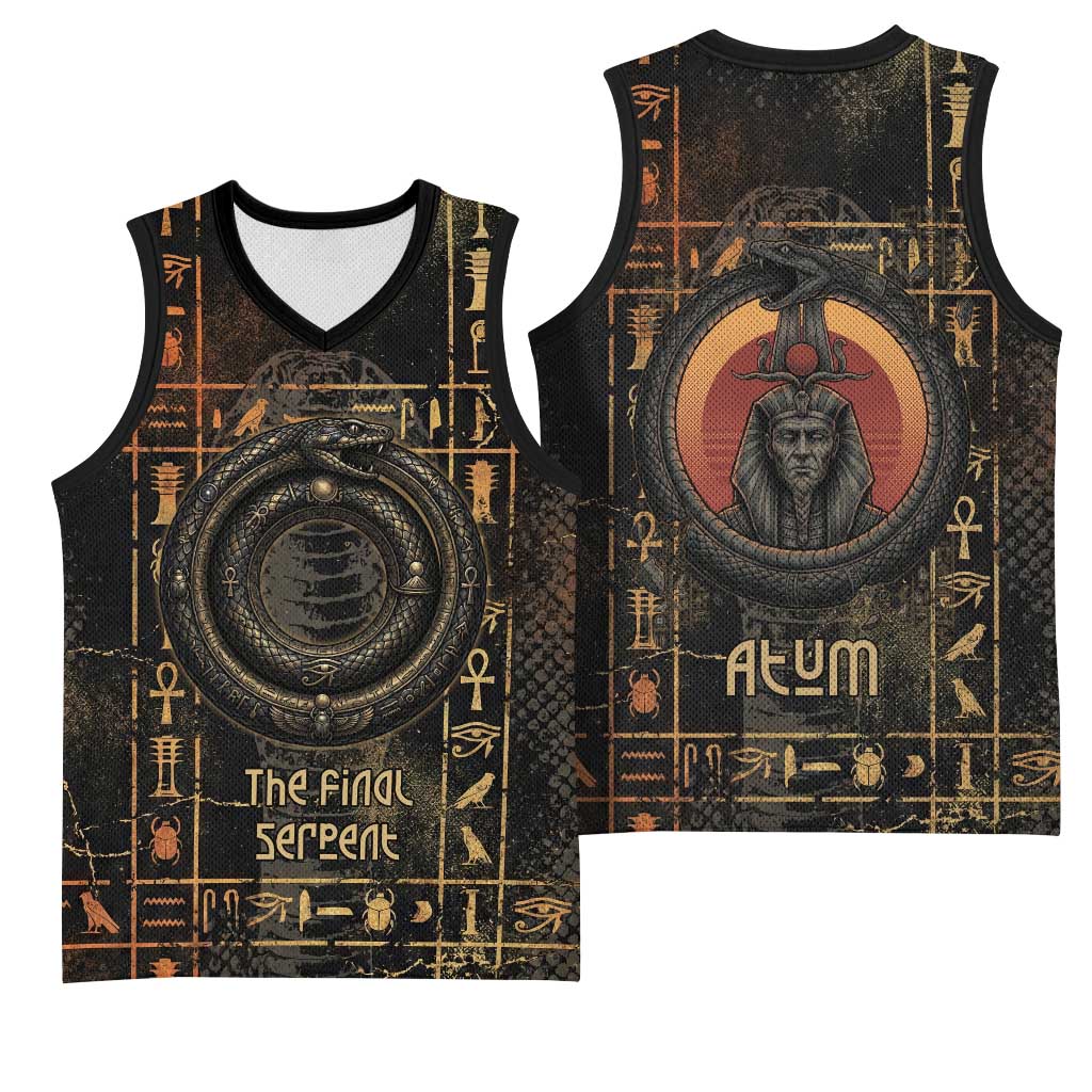 Atum Ancient Egyptian Basketball Jersey with Dark Hieroglyph Grid, Ouroboros Serpent Ring and The Final Serpent - African Pride