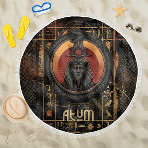 Atum Ancient Egyptian Beach Blanket with Dark Hieroglyph Grid, Ouroboros Serpent Ring and The Final Serpent - African Pride