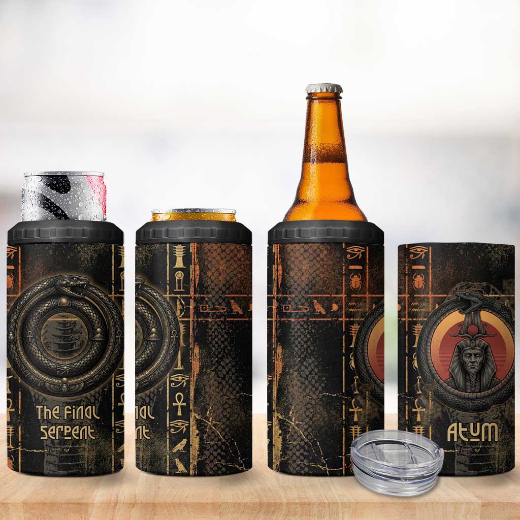 Atum Ancient Egyptian 4 in 1 Can Cooler Tumbler with Dark Hieroglyph Grid, Ouroboros Serpent Ring and The Final Serpent - African Pride