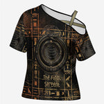 Atum Ancient Egyptian Cross Shoulder Shirt with Dark Hieroglyph Grid, Ouroboros Serpent Ring and The Final Serpent - African Pride