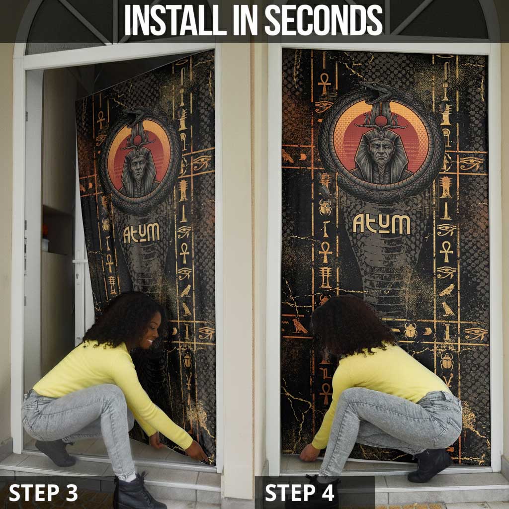 Atum Ancient Egyptian Door Cover with Dark Hieroglyph Grid, Ouroboros Serpent Ring and The Final Serpent - African Pride