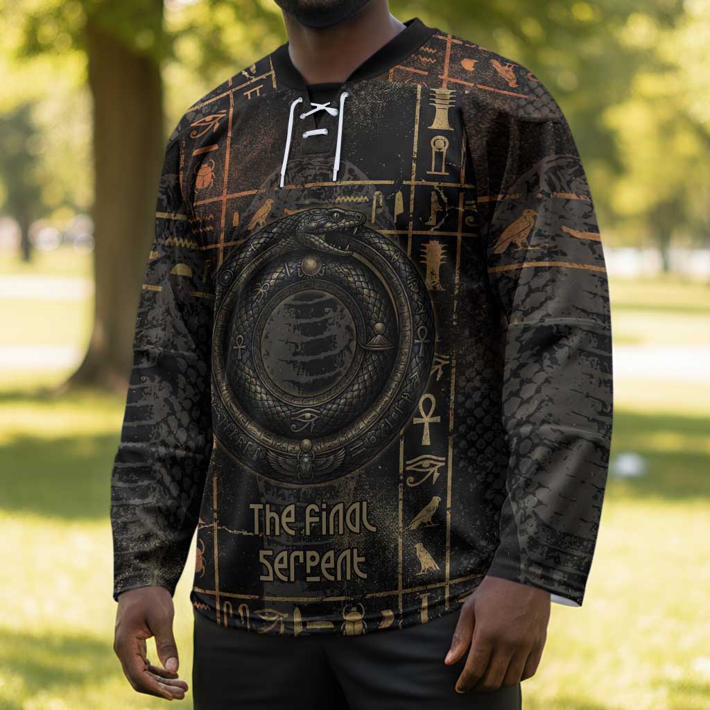 Atum Ancient Egyptian Hockey Jersey with Dark Hieroglyph Grid, Ouroboros Serpent Ring and The Final Serpent - African Pride