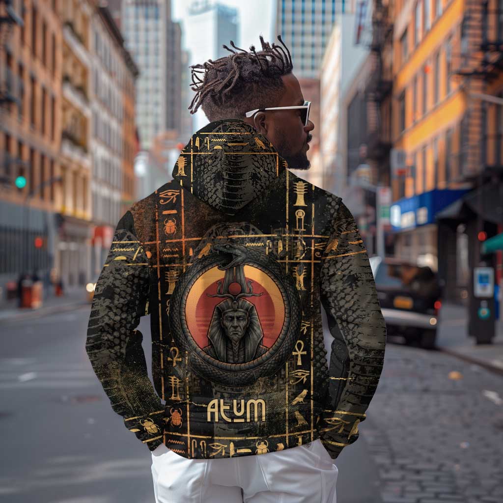 Atum Ancient Egyptian Hoodie with Dark Hieroglyph Grid, Ouroboros Serpent Ring and The Final Serpent - African Pride