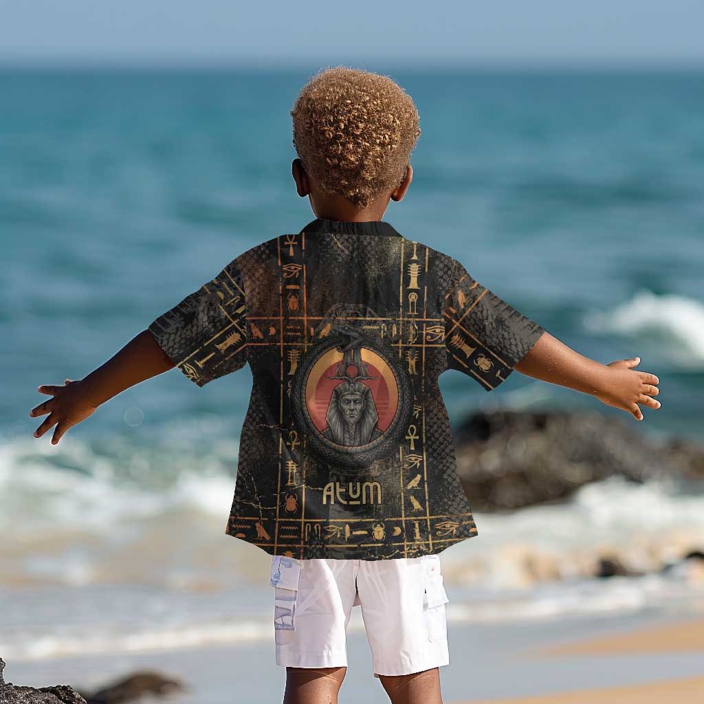 Atum Ancient Egyptian Kid Hawaiian Shirt with Dark Hieroglyph Grid, Ouroboros Serpent Ring and The Final Serpent - African Pride