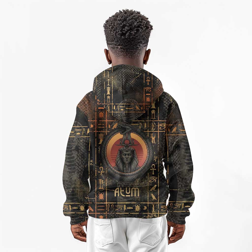 Atum Ancient Egyptian Kid Hoodie with Dark Hieroglyph Grid, Ouroboros Serpent Ring and The Final Serpent - African Pride