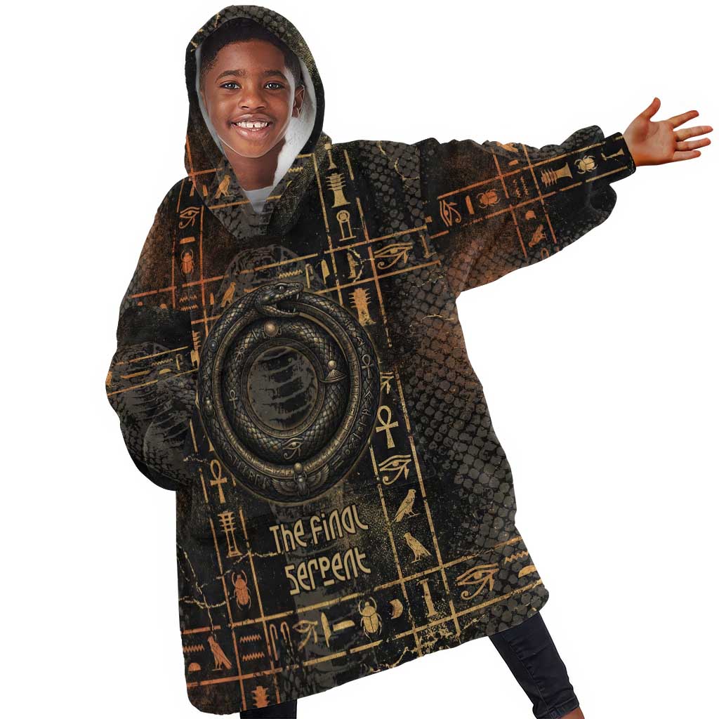 Atum Ancient Egyptian Kid Wearable Blanket Hoodie with Dark Hieroglyph Grid, Ouroboros Serpent Ring and The Final Serpent - African Pride