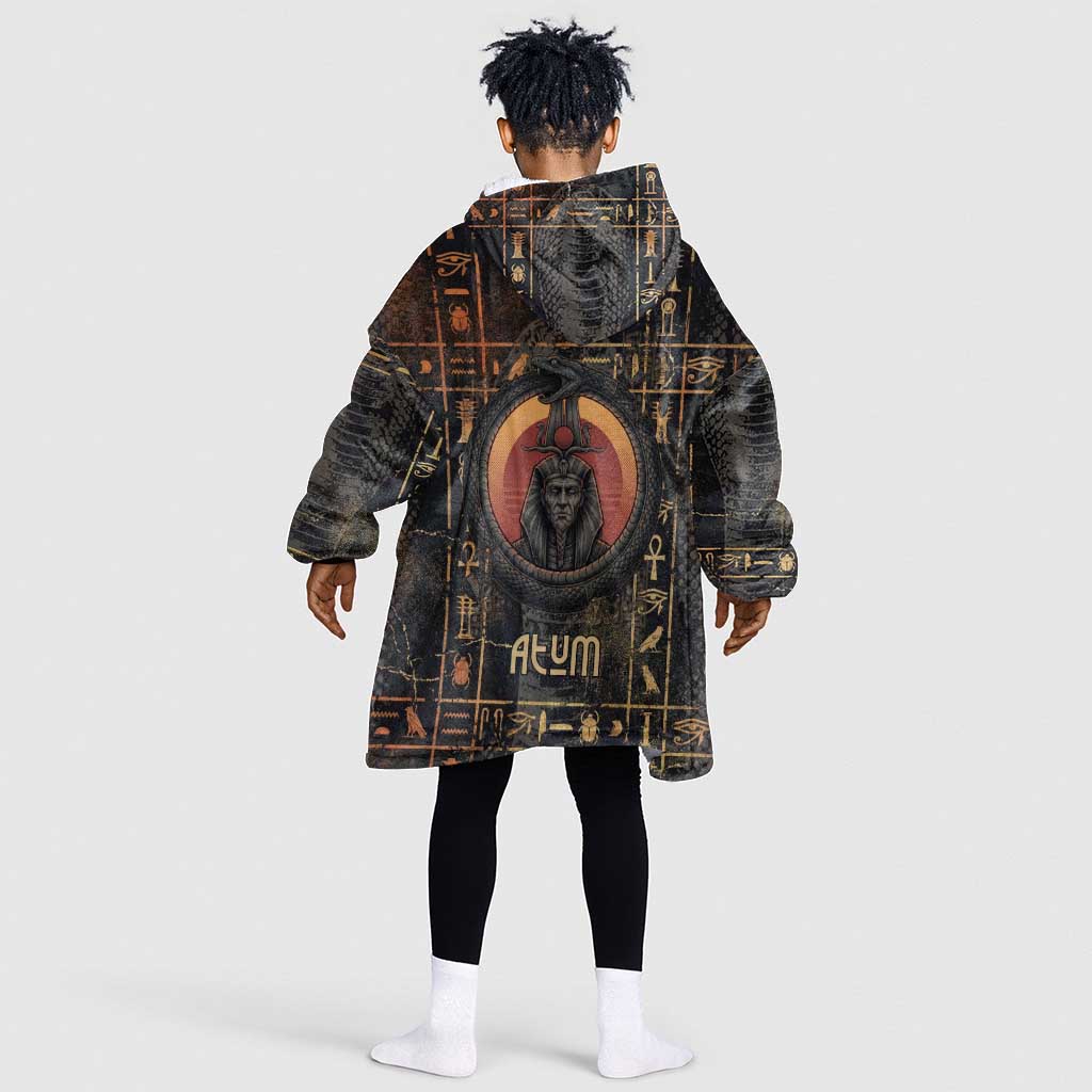 Atum Ancient Egyptian Kid Wearable Blanket Hoodie with Dark Hieroglyph Grid, Ouroboros Serpent Ring and The Final Serpent - African Pride