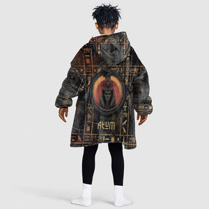 Atum Ancient Egyptian Kid Wearable Blanket Hoodie with Dark Hieroglyph Grid, Ouroboros Serpent Ring and The Final Serpent - African Pride
