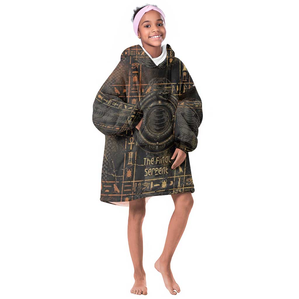Atum Ancient Egyptian Kid Wearable Blanket Hoodie with Dark Hieroglyph Grid, Ouroboros Serpent Ring and The Final Serpent - African Pride