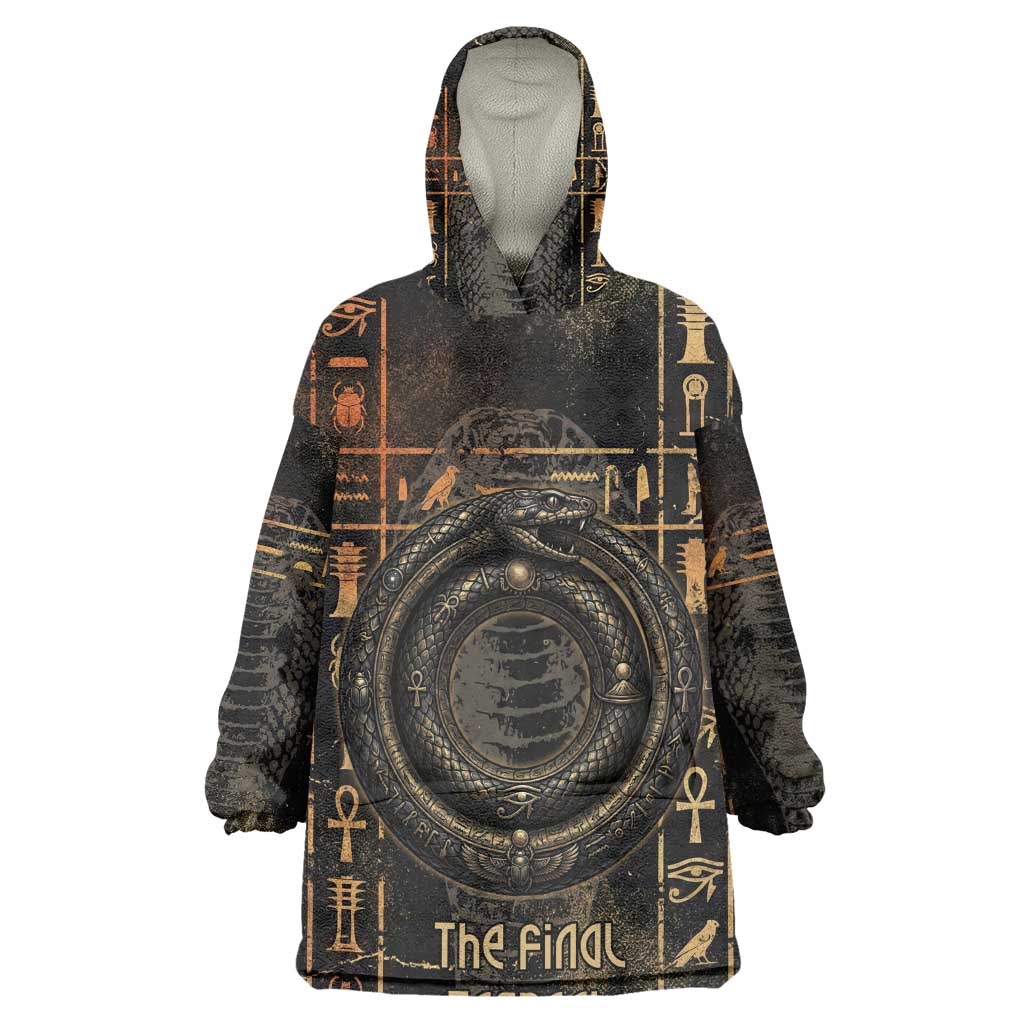 Atum Ancient Egyptian Kid Wearable Blanket Hoodie with Dark Hieroglyph Grid, Ouroboros Serpent Ring and The Final Serpent - African Pride