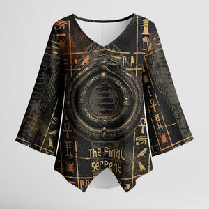 Atum Ancient Egyptian Kimono Sleeve Blouse with Dark Hieroglyph Grid, Ouroboros Serpent Ring and The Final Serpent - African Pride