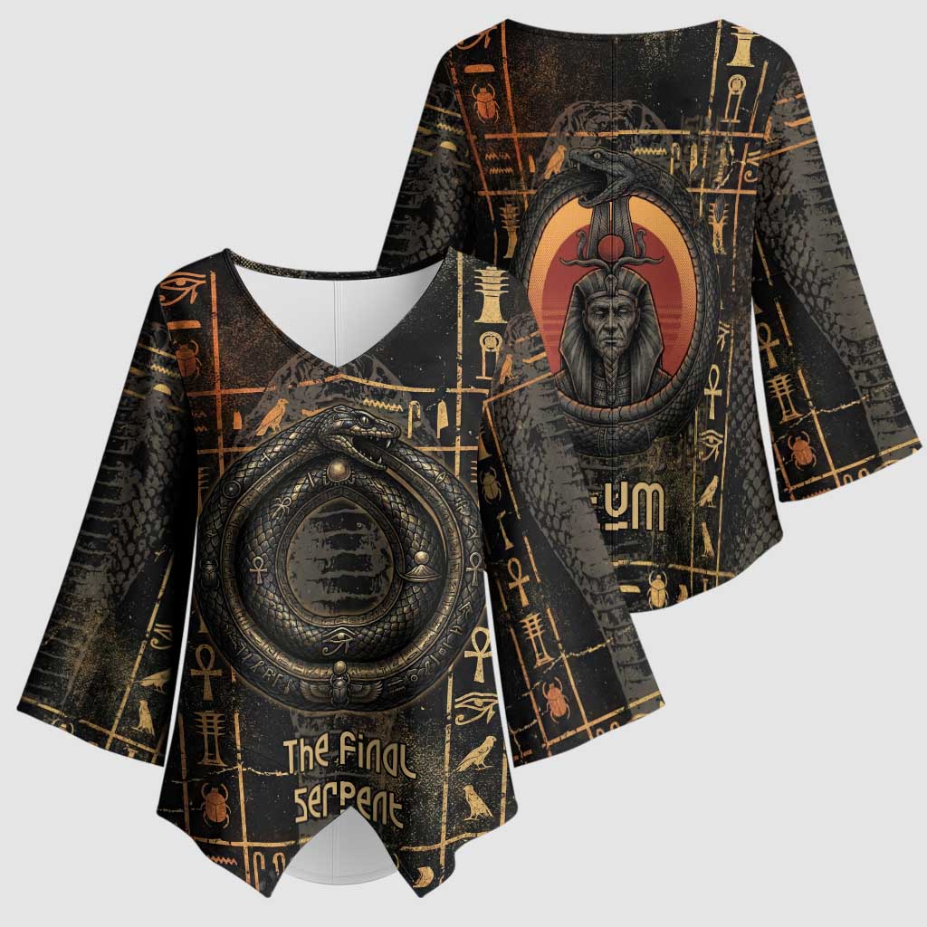 Atum Ancient Egyptian Kimono Sleeve Blouse with Dark Hieroglyph Grid, Ouroboros Serpent Ring and The Final Serpent - African Pride