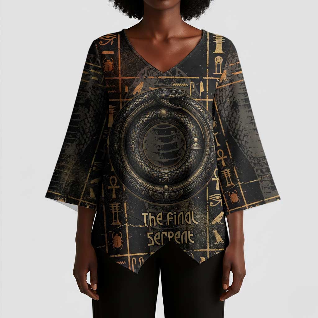 Atum Ancient Egyptian Kimono Sleeve Blouse with Dark Hieroglyph Grid, Ouroboros Serpent Ring and The Final Serpent - African Pride