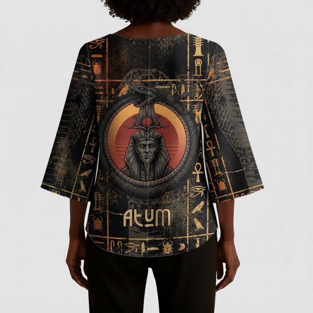 Atum Ancient Egyptian Kimono Sleeve Blouse with Dark Hieroglyph Grid, Ouroboros Serpent Ring and The Final Serpent - African Pride