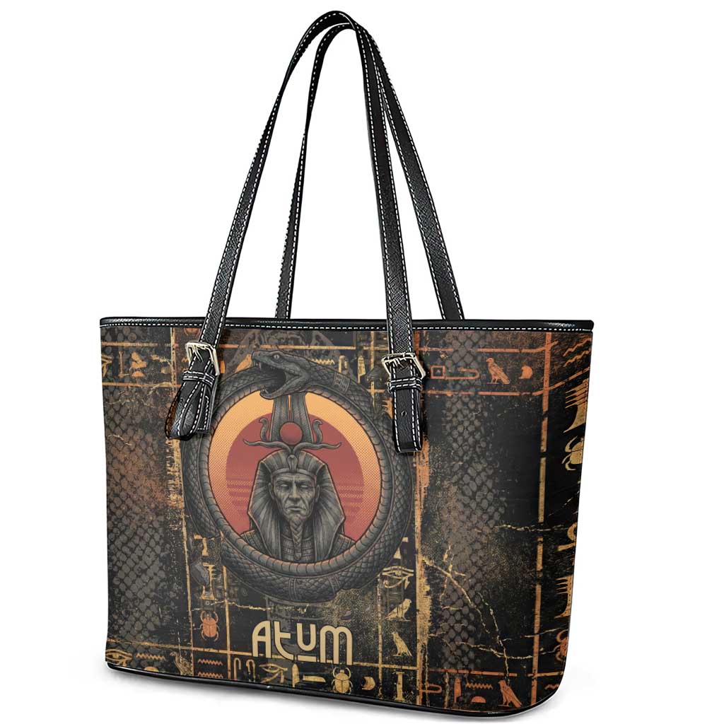 Atum Ancient Egyptian Leather Tote Bag with Dark Hieroglyph Grid, Ouroboros Serpent Ring and The Final Serpent - African Pride