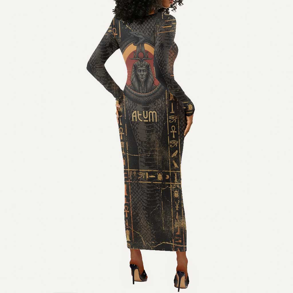 Atum Ancient Egyptian Long Sleeve Bodycon Dress with Dark Hieroglyph Grid, Ouroboros Serpent Ring and The Final Serpent - African Pride