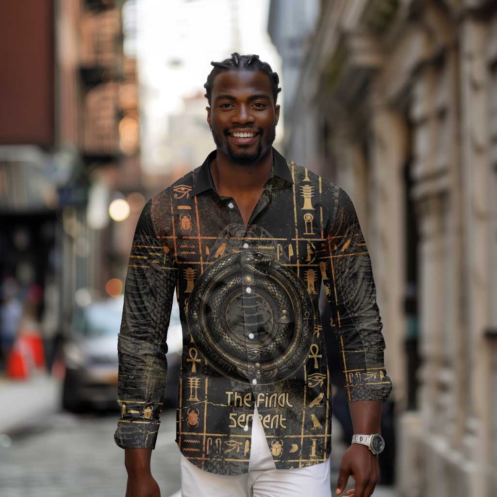 Atum Ancient Egyptian Long Sleeve Button Shirt with Dark Hieroglyph Grid, Ouroboros Serpent Ring and The Final Serpent - African Pride