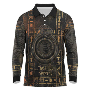 Atum Ancient Egyptian Long Sleeve Polo Shirt with Dark Hieroglyph Grid, Ouroboros Serpent Ring and The Final Serpent - African Pride