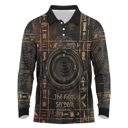 Atum Ancient Egyptian Long Sleeve Polo Shirt with Dark Hieroglyph Grid, Ouroboros Serpent Ring and The Final Serpent - African Pride