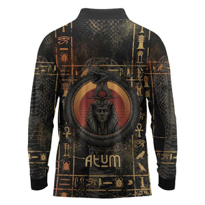 Atum Ancient Egyptian Long Sleeve Polo Shirt with Dark Hieroglyph Grid, Ouroboros Serpent Ring and The Final Serpent - African Pride