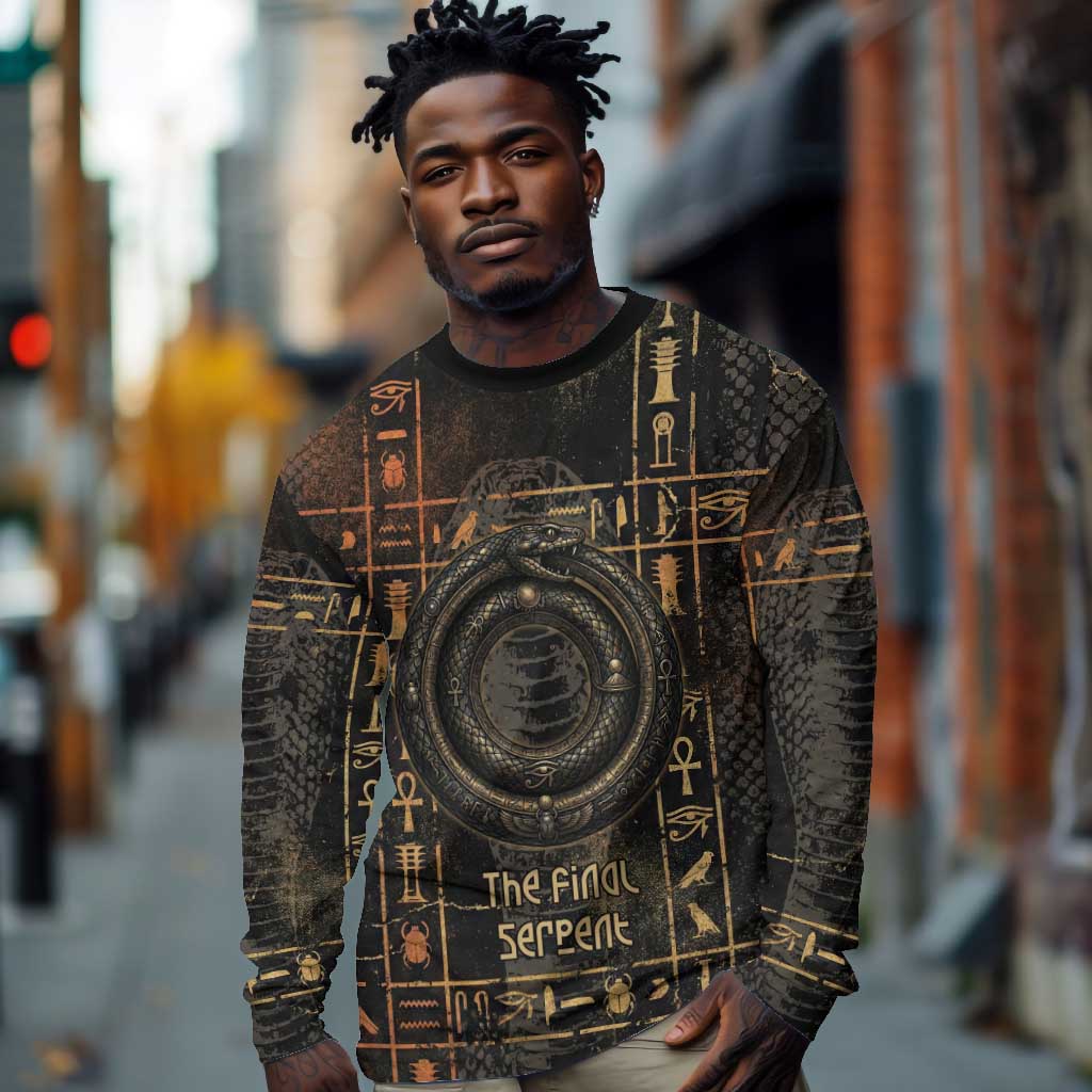 Atum Ancient Egyptian Long Sleeve Shirt with Dark Hieroglyph Grid, Ouroboros Serpent Ring and The Final Serpent - African Pride