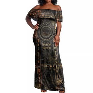 Atum Ancient Egyptian Off Shoulder Maxi Dress with Dark Hieroglyph Grid, Ouroboros Serpent Ring and The Final Serpent - African Pride