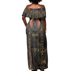 Atum Ancient Egyptian Off Shoulder Maxi Dress with Dark Hieroglyph Grid, Ouroboros Serpent Ring and The Final Serpent - African Pride