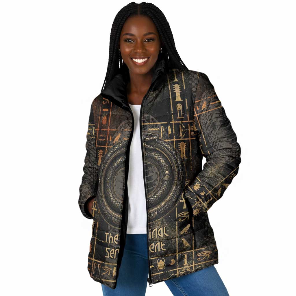 Atum Ancient Egyptian Padded Jacket with Dark Hieroglyph Grid, Ouroboros Serpent Ring and The Final Serpent - African Pride