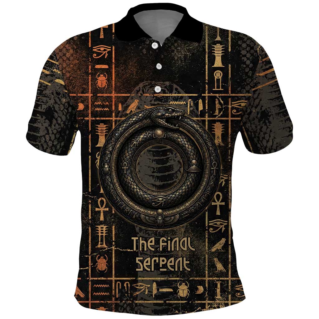 Atum Ancient Egyptian Polo Shirt with Dark Hieroglyph Grid, Ouroboros Serpent Ring and The Final Serpent - African Pride