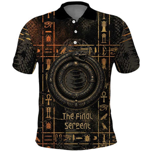 Atum Ancient Egyptian Polo Shirt with Dark Hieroglyph Grid, Ouroboros Serpent Ring and The Final Serpent - African Pride