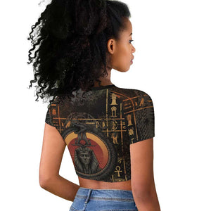 Atum Ancient Egyptian Raglan Cropped T shirt with Dark Hieroglyph Grid, Ouroboros Serpent Ring and The Final Serpent - African Pride