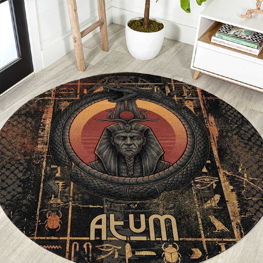 Atum Ancient Egyptian Round Carpet with Dark Hieroglyph Grid, Ouroboros Serpent Ring and The Final Serpent - African Pride