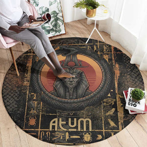 Atum Ancient Egyptian Round Carpet with Dark Hieroglyph Grid, Ouroboros Serpent Ring and The Final Serpent - African Pride