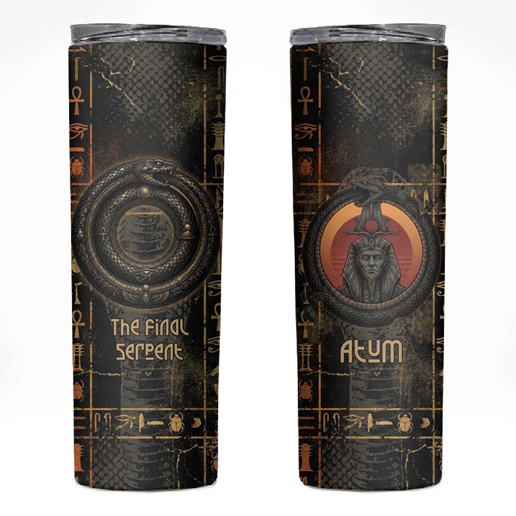 Atum Ancient Egyptian Skinny Tumbler with Dark Hieroglyph Grid, Ouroboros Serpent Ring and The Final Serpent - African Pride