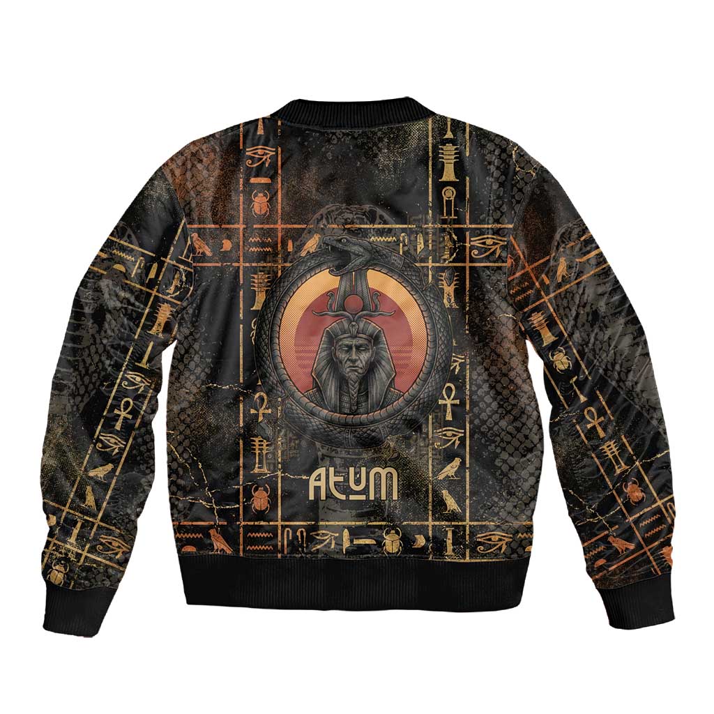Atum Ancient Egyptian Sleeve Zip Bomber Jacket with Dark Hieroglyph Grid, Ouroboros Serpent Ring and The Final Serpent - African Pride