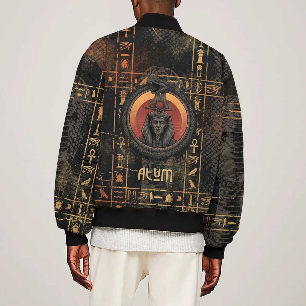 Atum Ancient Egyptian Sleeve Zip Bomber Jacket with Dark Hieroglyph Grid, Ouroboros Serpent Ring and The Final Serpent - African Pride