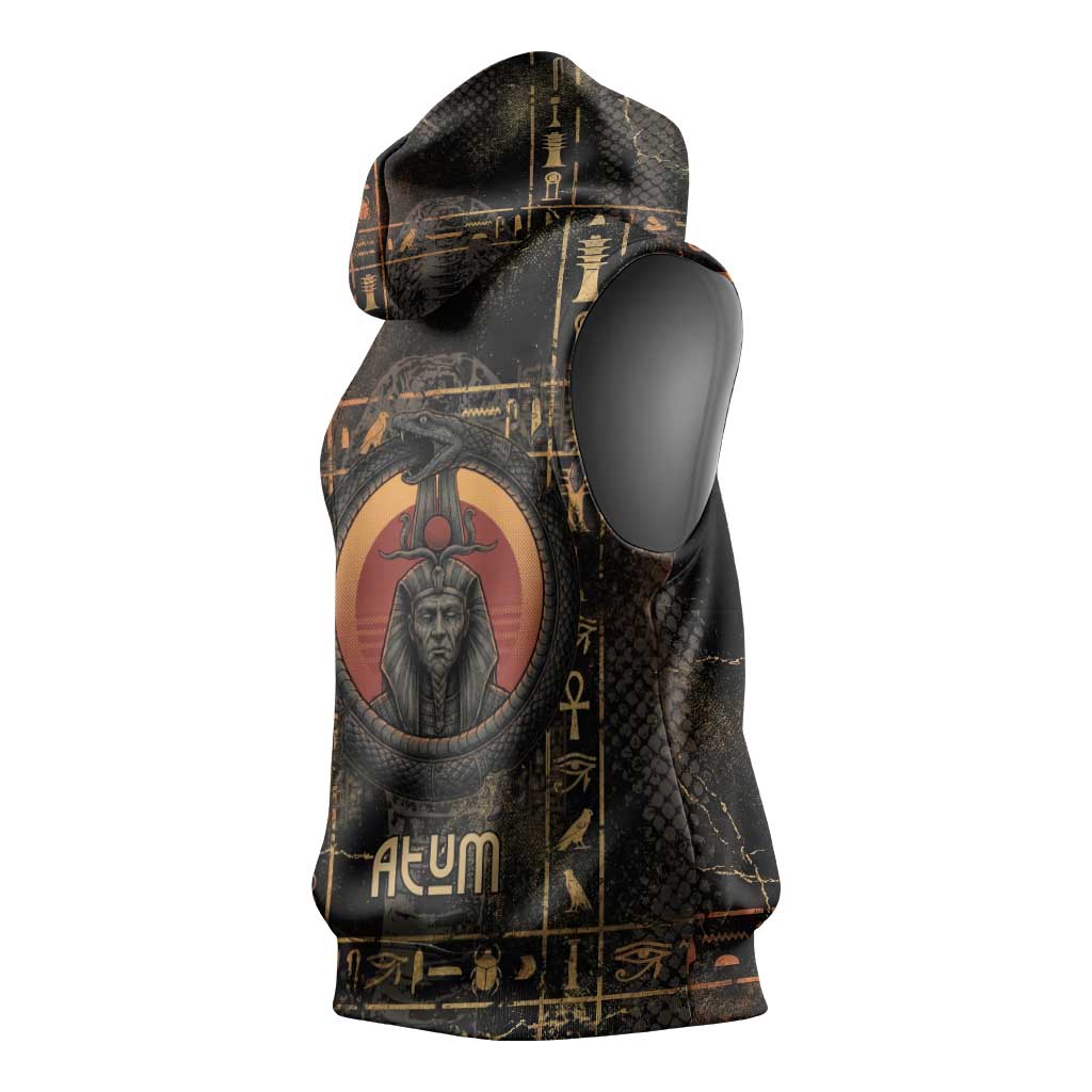 Atum Ancient Egyptian Sleeveless Hoodie with Dark Hieroglyph Grid, Ouroboros Serpent Ring and The Final Serpent - African Pride