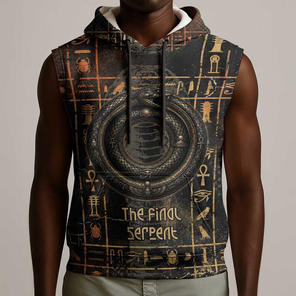 Atum Ancient Egyptian Sleeveless Hoodie with Dark Hieroglyph Grid, Ouroboros Serpent Ring and The Final Serpent - African Pride