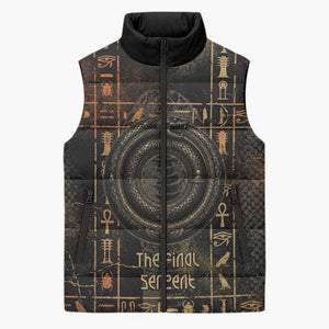 Atum Ancient Egyptian Sleeveless Puffer Jacket with Dark Hieroglyph Grid, Ouroboros Serpent Ring and The Final Serpent - African Pride