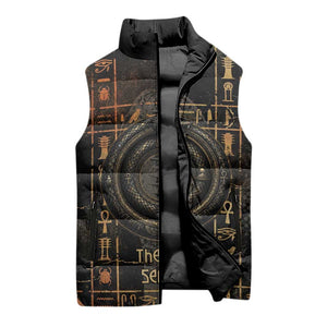 Atum Ancient Egyptian Sleeveless Puffer Jacket with Dark Hieroglyph Grid, Ouroboros Serpent Ring and The Final Serpent - African Pride